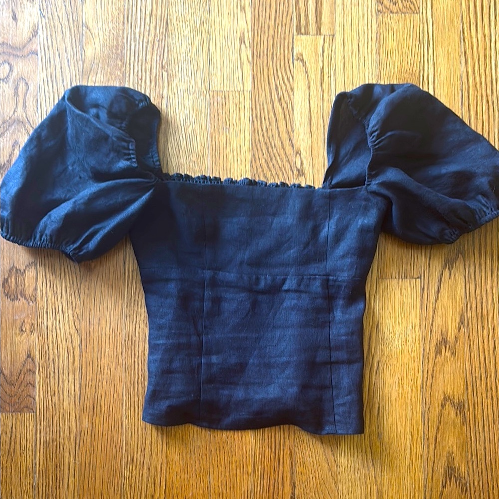 Reformation Linen Black Puff Sleeve Top